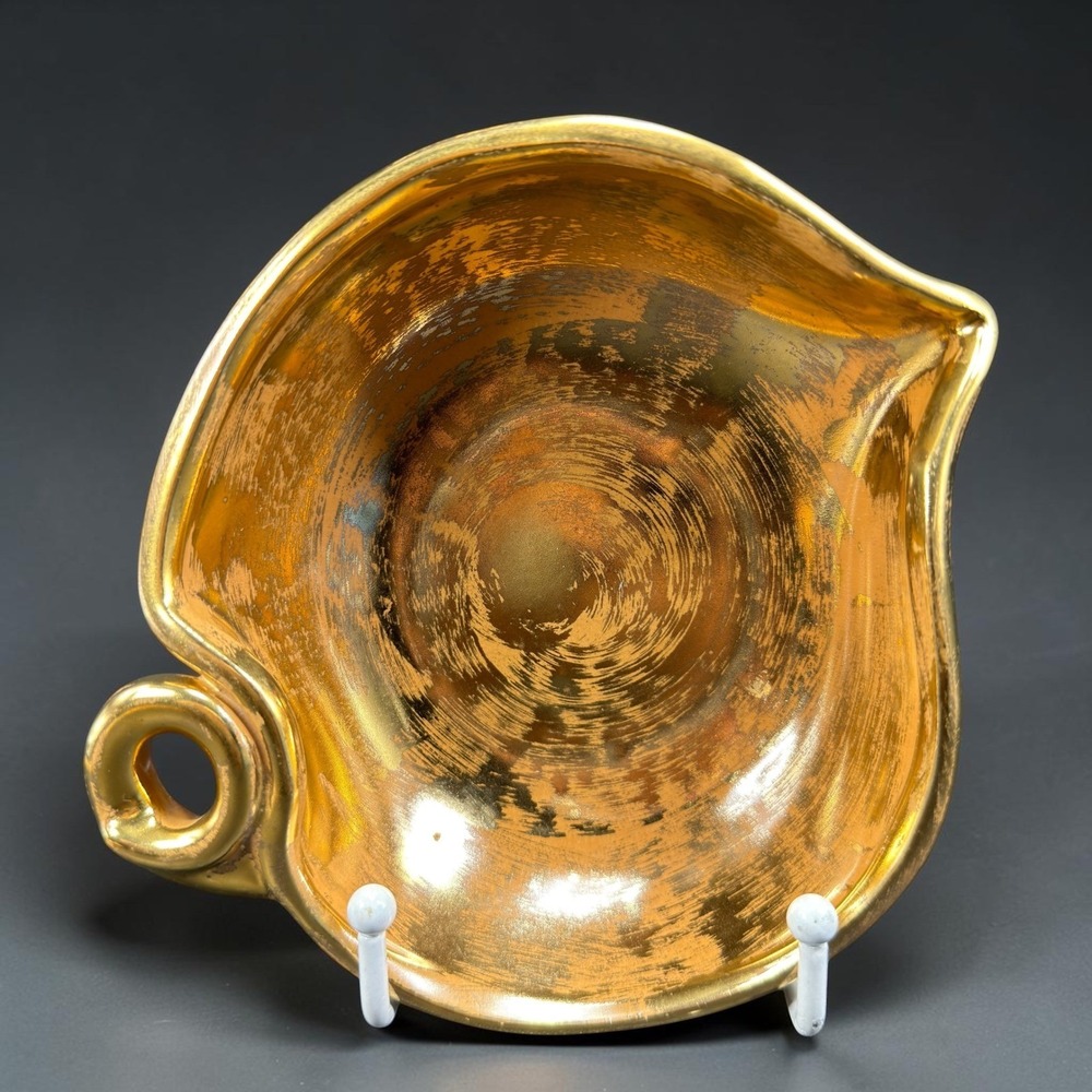 Stangl Pottery Granada Gold Ceramic‎ Leaf Bowl Ring Handle 3787 7in Hand Painted